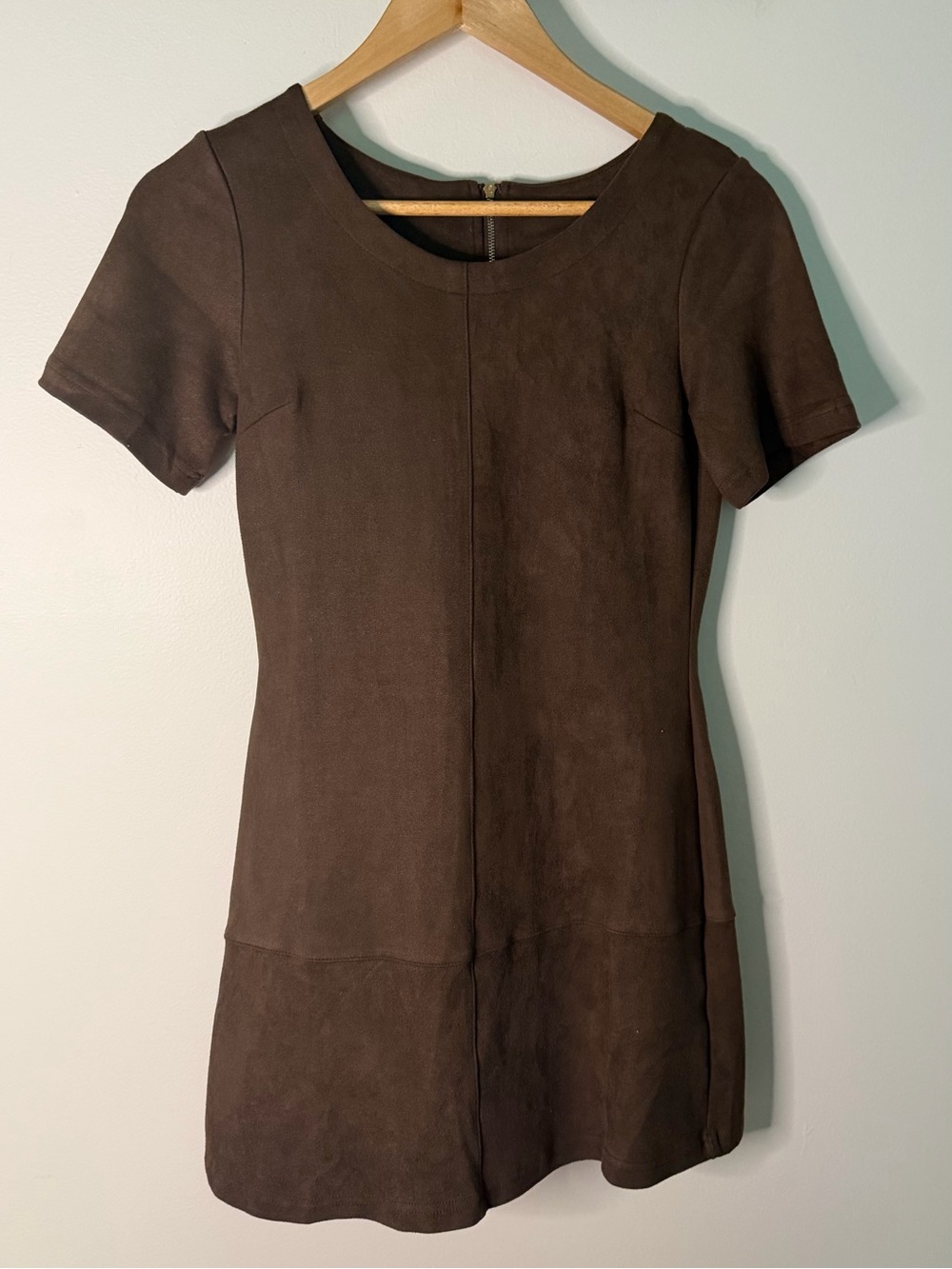 Paper‎ Crane Faux Suede Scoop Neck Shift Mini Dress Back Zipper Brown Size XS